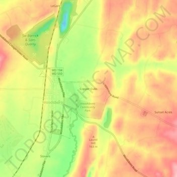 Carte topographique Copper Oaks, altitude, relief