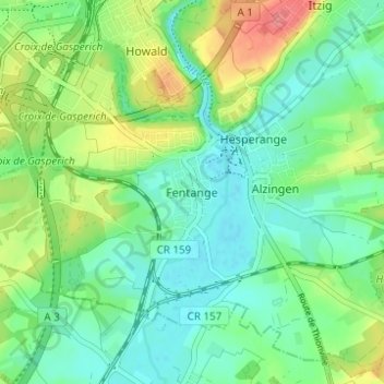 Carte topographique Fentange, altitude, relief