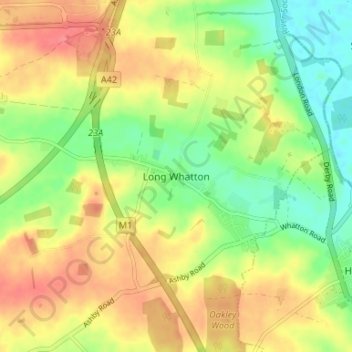 Carte topographique Long Whatton, altitude, relief