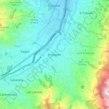 Carte topographique Envigado, altitude, relief