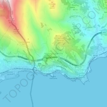 Carte topographique Mortola Superiore, altitude, relief
