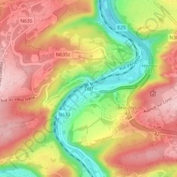 Carte topographique Tilff, altitude, relief