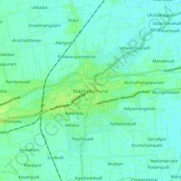 Carte topographique Mayiladuthurai, altitude, relief