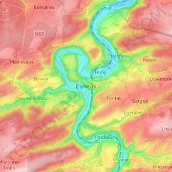 Carte topographique Esneux, altitude, relief