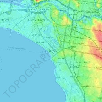 Carte topographique St Kilda West, altitude, relief