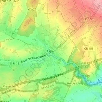 Carte topographique Aspelt, altitude, relief