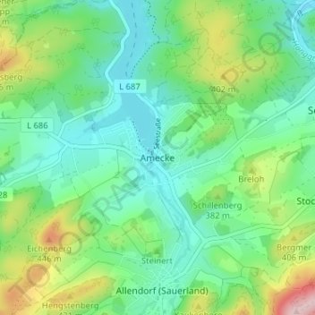 Carte topographique Amecke, altitude, relief