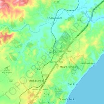Carte topographique Umhlali, altitude, relief