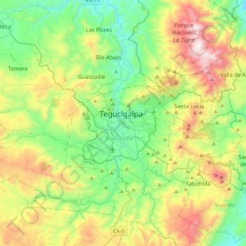 Carte topographique Tegucigalpa, altitude, relief