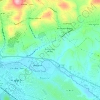 Carte topographique Bloomington Heights, altitude, relief