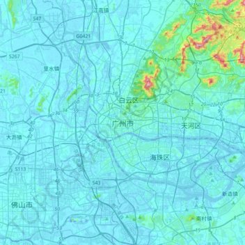 Carte topographique 广州市, altitude, relief