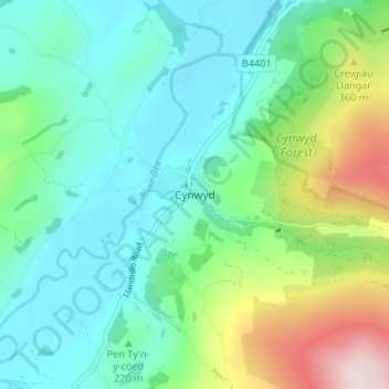 Carte topographique Cynwyd, altitude, relief