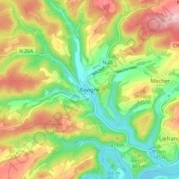 Carte topographique Bavigne, altitude, relief