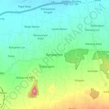 Carte topographique Banyuanyar, altitude, relief