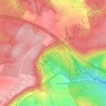 Carte topographique Tieberg, altitude, relief