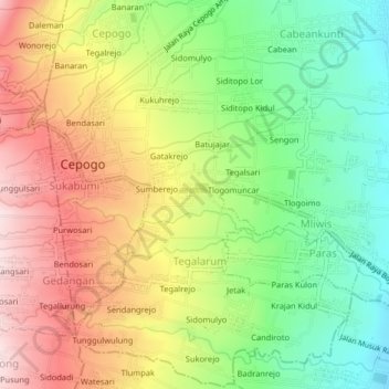 Carte topographique Sidoharjo, altitude, relief