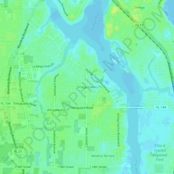 Carte topographique Ortega Farms, altitude, relief