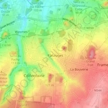 Carte topographique Pâturages, altitude, relief