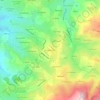 Carte topographique Les Raymondes, altitude, relief