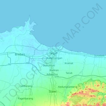Carte topographique Tegal, altitude, relief