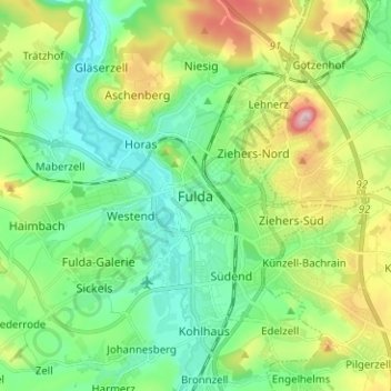 Carte topographique Fulde, altitude, relief