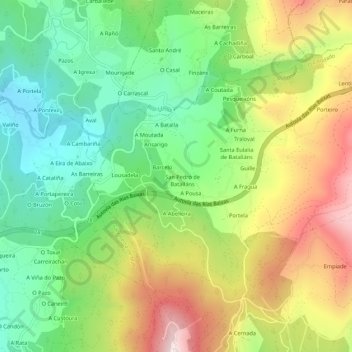 Carte topographique A Capela, altitude, relief