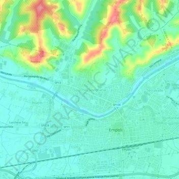 Carte topographique Spicchio-Sovigliana, altitude, relief