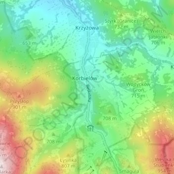 Carte topographique Korbielów Dolny, altitude, relief