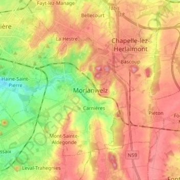 Carte topographique Morlanwelz, altitude, relief