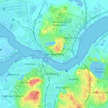 Carte topographique Nørresundby, altitude, relief