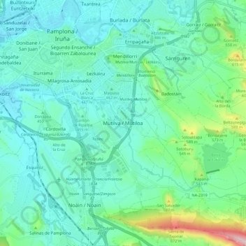 Carte topographique Mutilva, altitude, relief