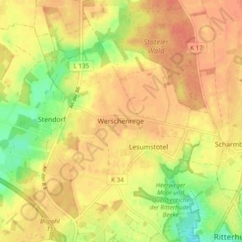 Carte topographique Werschenrege, altitude, relief