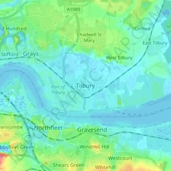 Carte topographique Tilbury, altitude, relief