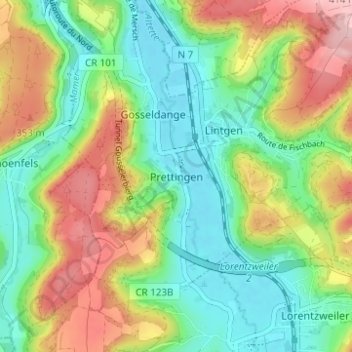Carte topographique Prettingen, altitude, relief