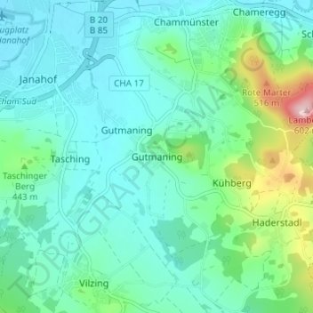 Carte topographique Gutmaning, altitude, relief