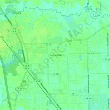 Carte topographique Prairieville, altitude, relief