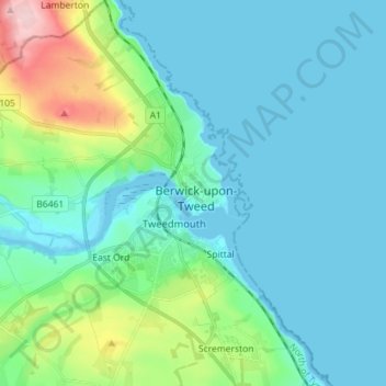 Carte topographique Berwick-upon-Tweed, altitude, relief