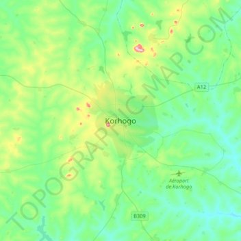 Carte topographique Korhogo, altitude, relief