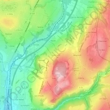 Carte topographique Le Vernay, altitude, relief