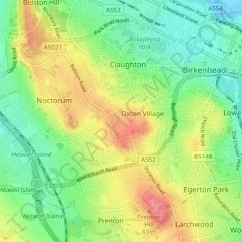 Carte topographique Oxton, altitude, relief