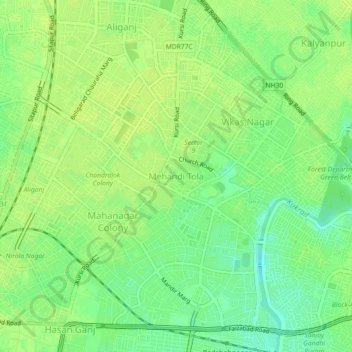 Carte topographique Mehandi Tola, altitude, relief