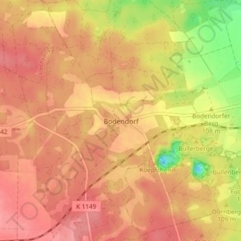 Carte topographique Bodendorf, altitude, relief