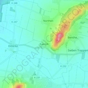 Carte topographique Everloh, altitude, relief