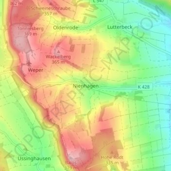 Carte topographique Nienhagen, altitude, relief