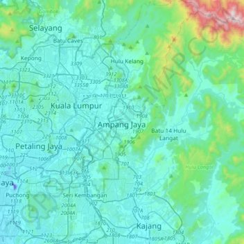 Carte topographique Ampang Jaya, altitude, relief