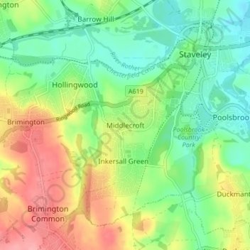 Carte topographique Middlecroft, altitude, relief