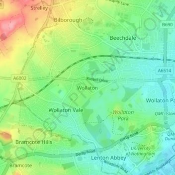 Carte topographique Wollaton, altitude, relief