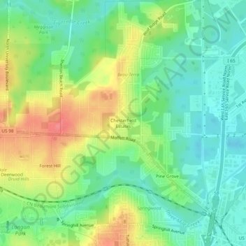 Carte topographique Chesterfield Estates, altitude, relief