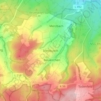 Carte topographique Irlenbusch, altitude, relief