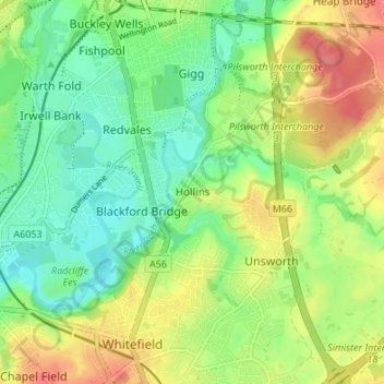 Carte topographique Hollins, altitude, relief